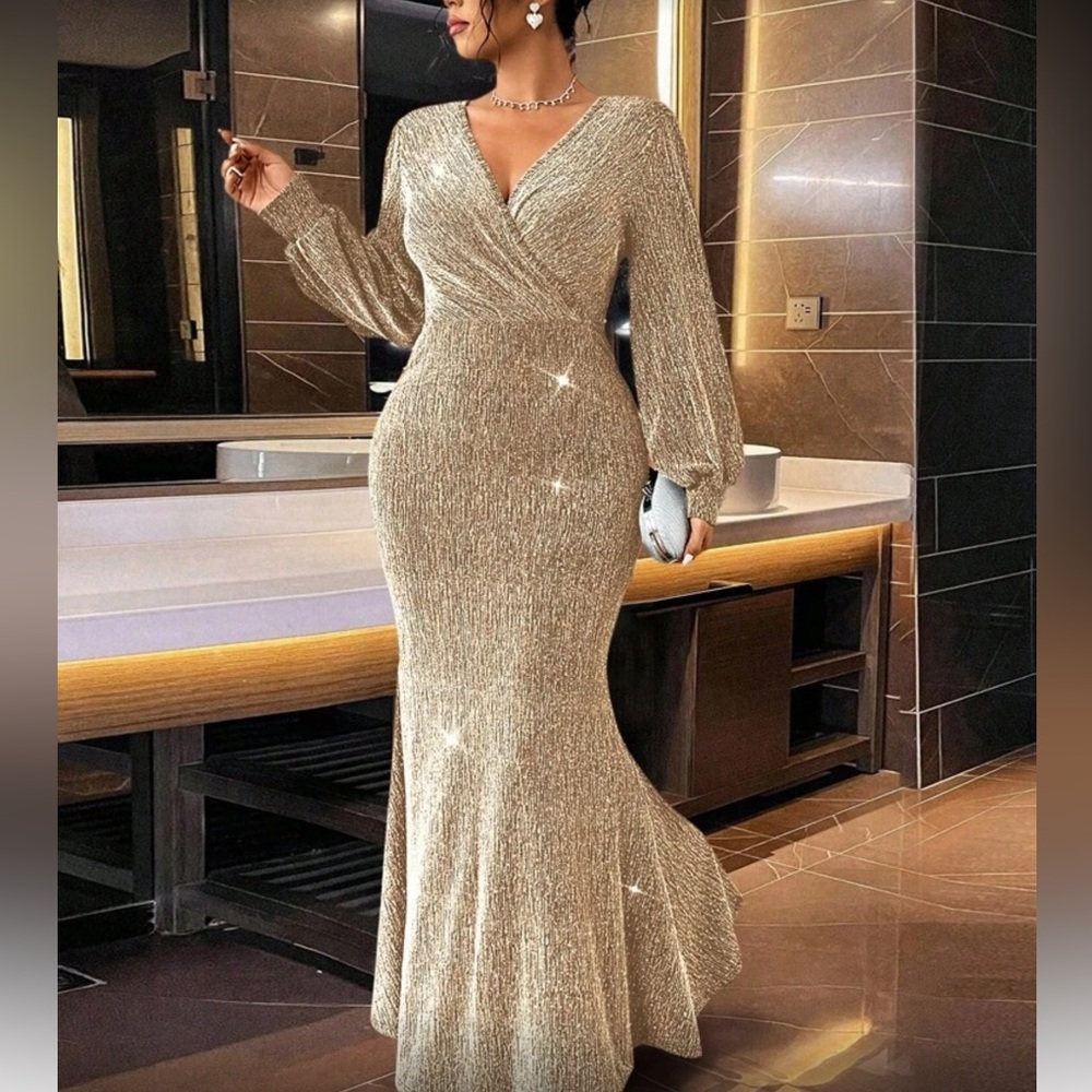 Luxe plus lantern sleeve shimmering  sequins party formal evening prom dress - Picture 4 of 8